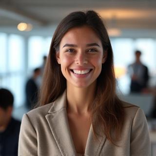 A new employee smiling during their first week at a new company.