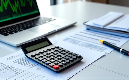 A calculator and financial documents on a desk.